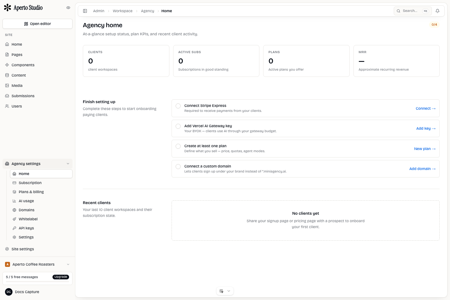 Mini Agency agency dashboard with setup checklist and workspace metrics