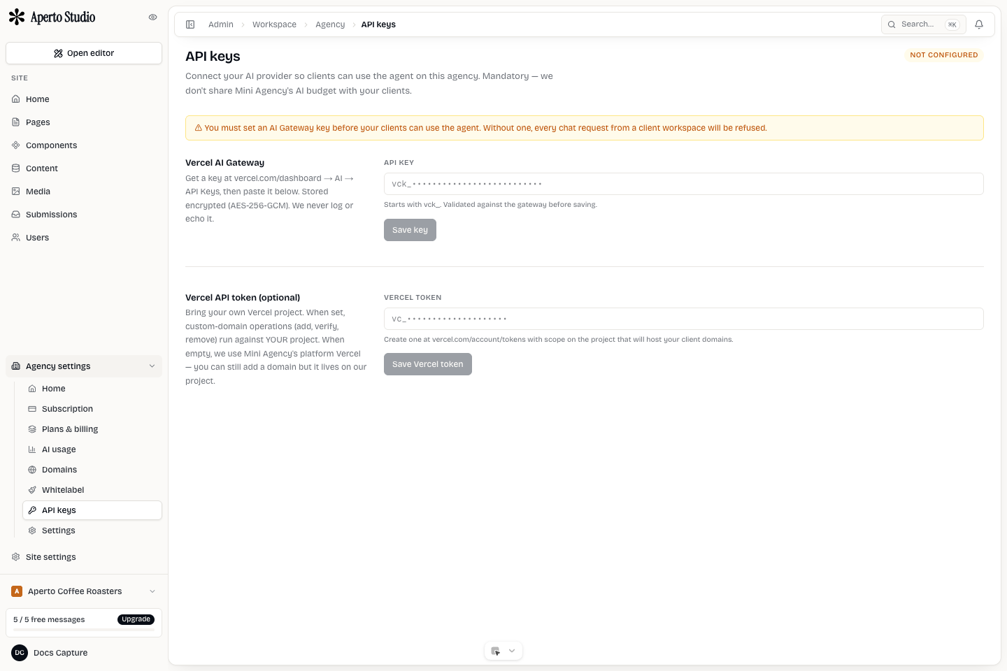 Mini Agency agency billing and plans screen