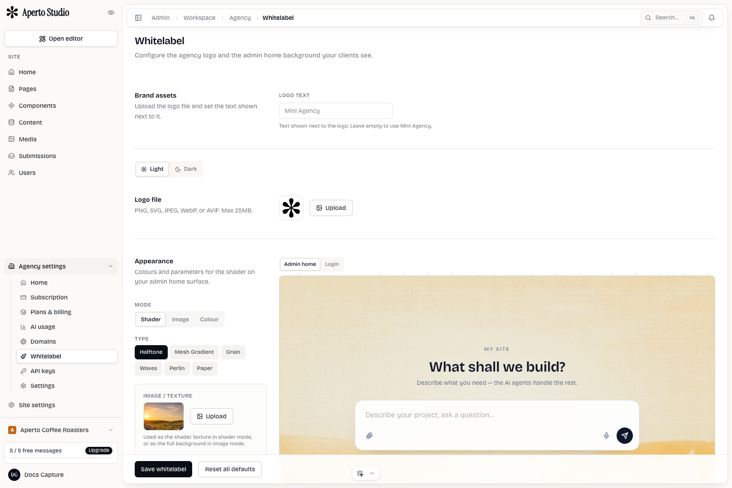 Mini Agency white-label settings with logo, color, and email preview controls