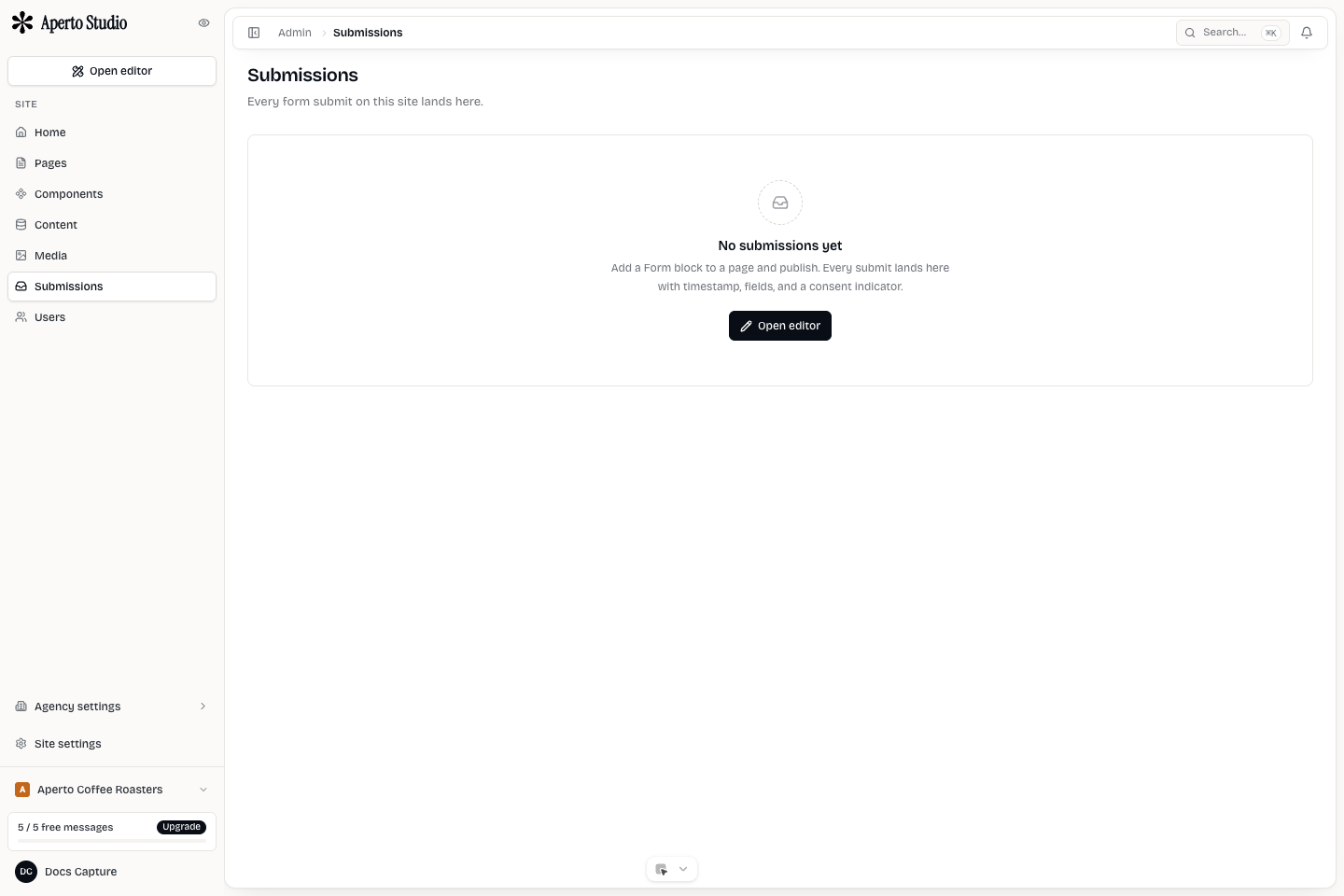Mini Agency editor showing a form section and form field controls