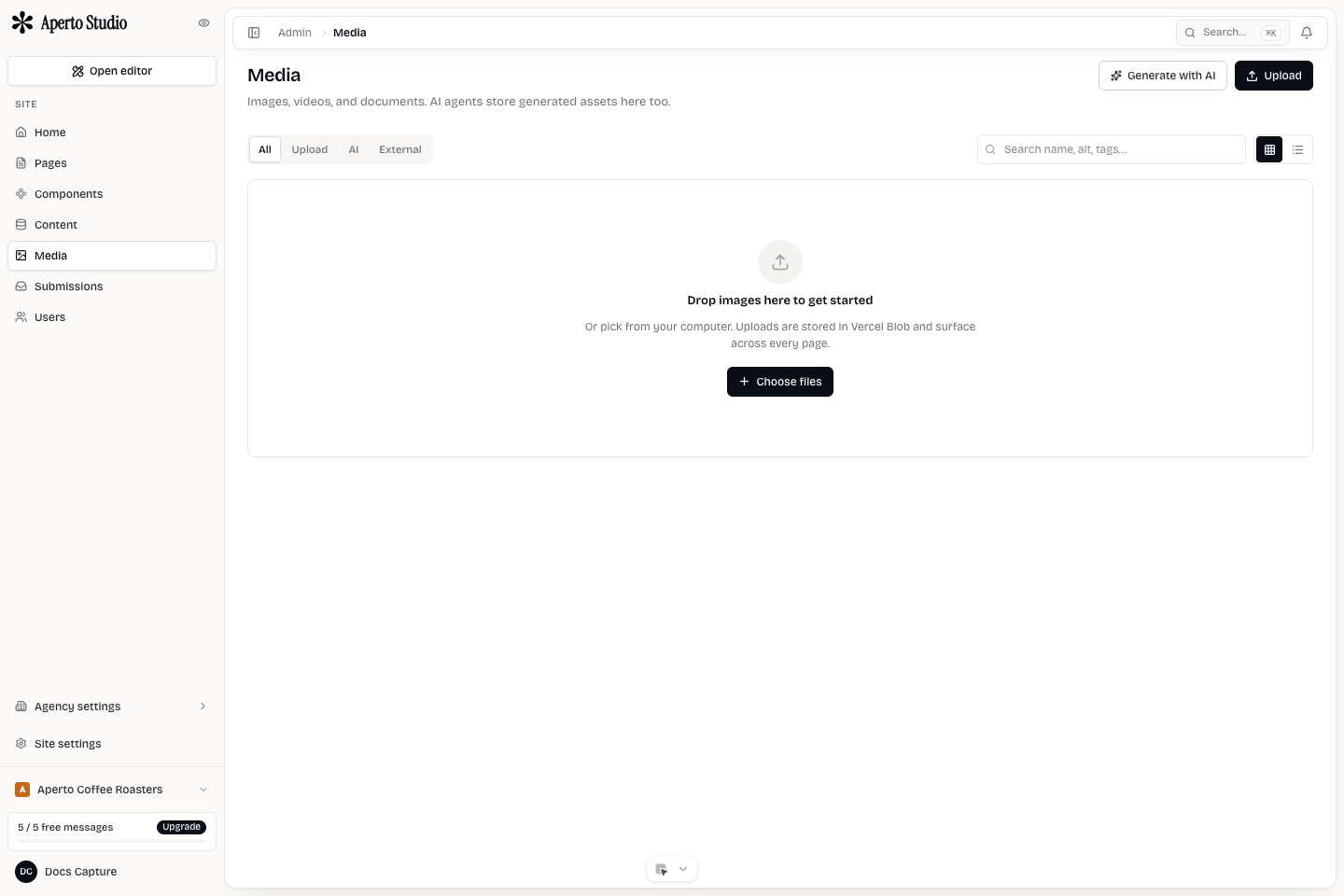 Mini Agency Media screen with upload, AI generation, filters, and asset grid