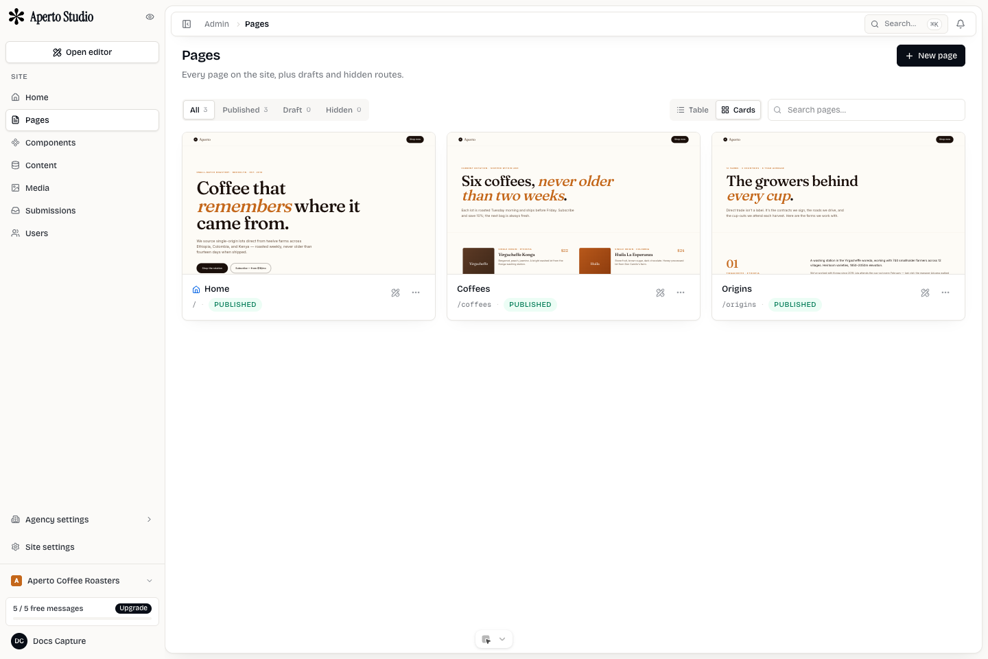 Mini Agency Pages screen with page cards, filters, and editor actions